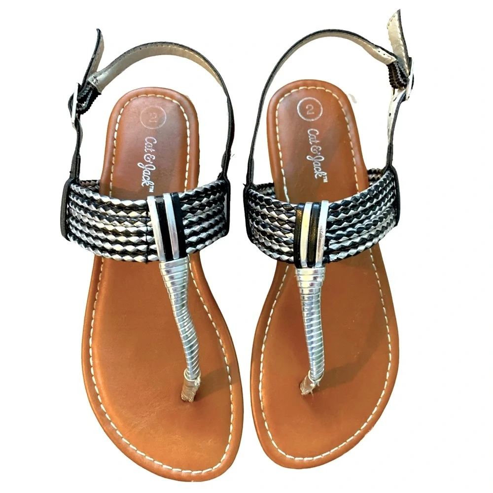 Cat & Jack Girls Thong Sandals Black and Silver Woven Size 2